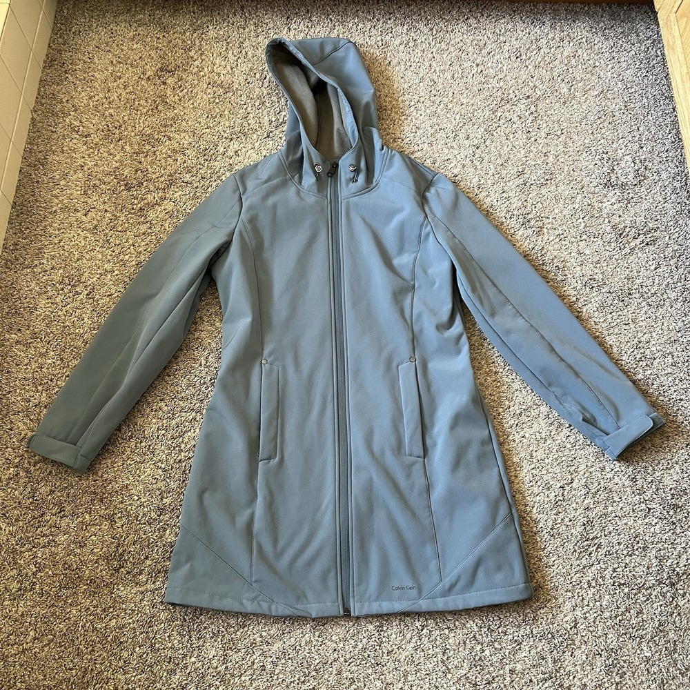 Calvin Klein Jacket Size Small Blue-Gray Softshell Long Stretch Full Zip Hooded